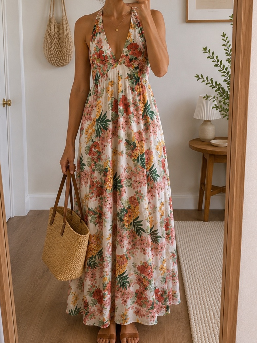 Vix White Tropical Floral Halter Maxi Dress